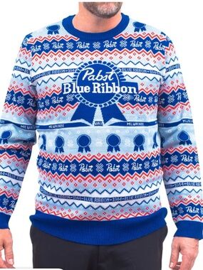 Pabst Blue Ribbon Men's Ugly Christmas Sweater Blue Medium